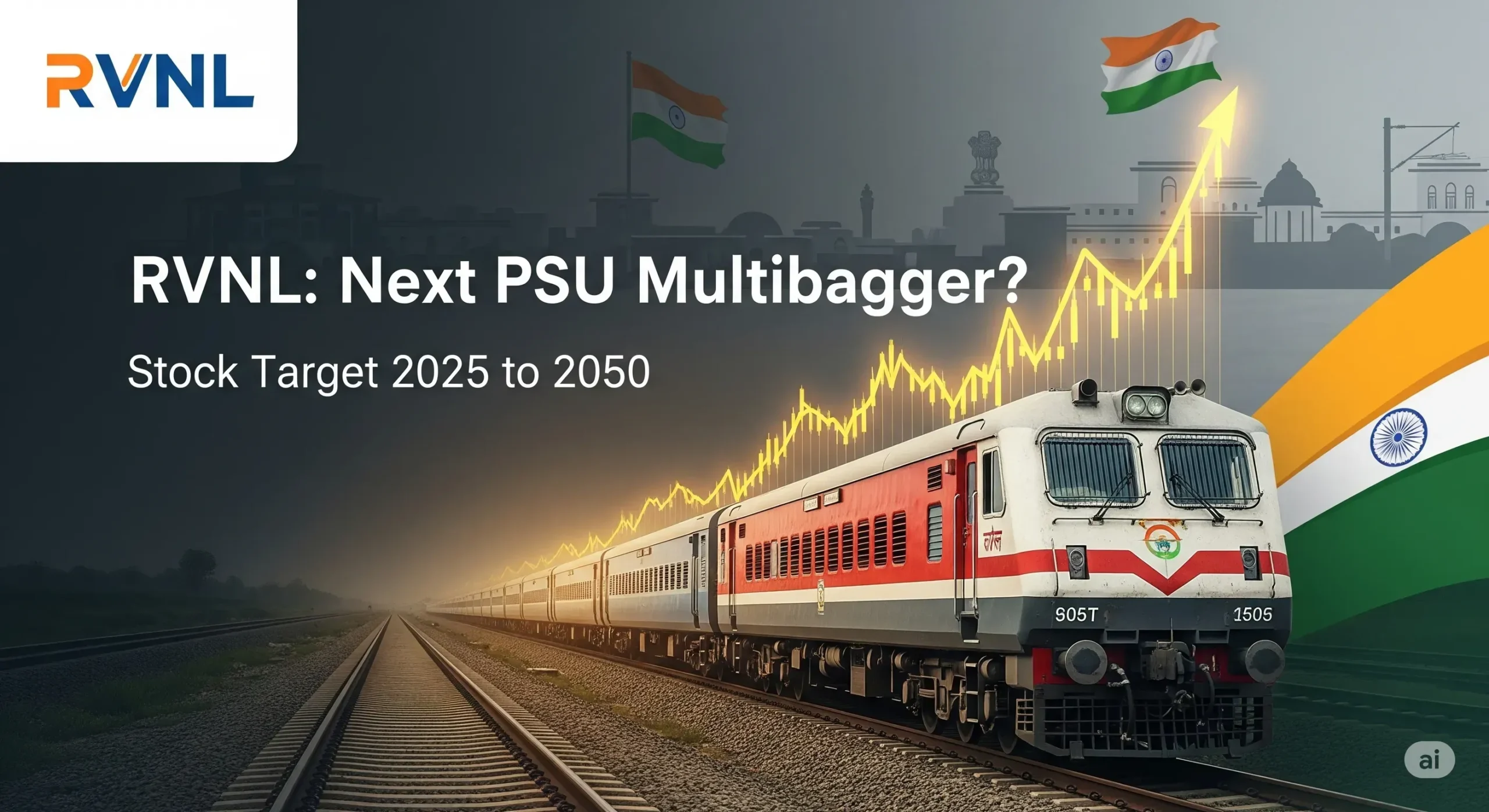 Design a sharp and clickable thumbnail focused on RVNL, a government-backed railway infrastructure stock with strong compounding potential. Main Bold Text (centered): “RVNL: Next PSU Multibagger?” Optional Subtext (small): “Stock Target 2025 to 2050” Visual Elements to Include: • RVNL logo • A fast-moving Indian train or railway tracks stretching into the horizon • A glowing stock chart rising behind or alongside the train • Optional: A faint Indian flag or government building silhouette to signal PSU backing Mood & Style: • Theme: Growth, momentum, national development • Colors: Steel grey, railway red, dark green, with yellow/orange highlights • Minimal yet bold, mobile-friendly and Google Discover optimized ✅ Important: ➤ Do NOT include dimensions like 1200×628 in the image itself.